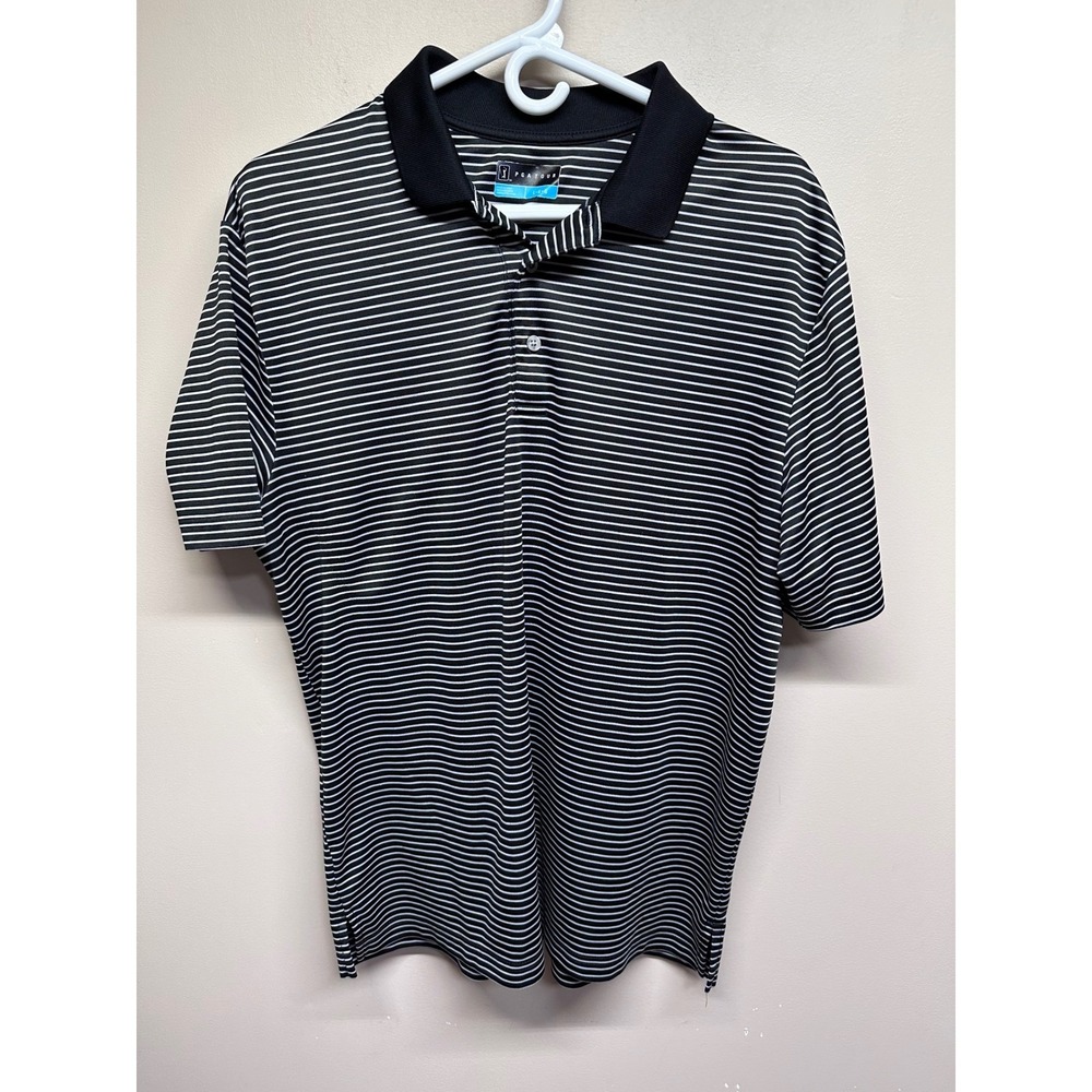 PGATOUR Mens Golf Polo Shirt‎ Large Black White Stripe Short Sleeve Collared